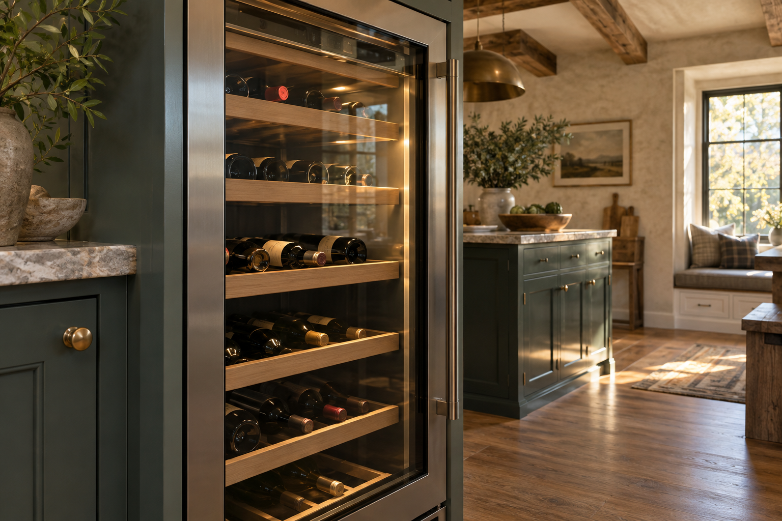 Illustrative Sub-Zero wine cooler in a residential kitchen — AI image for Sub-Zero Repair Lewisboro