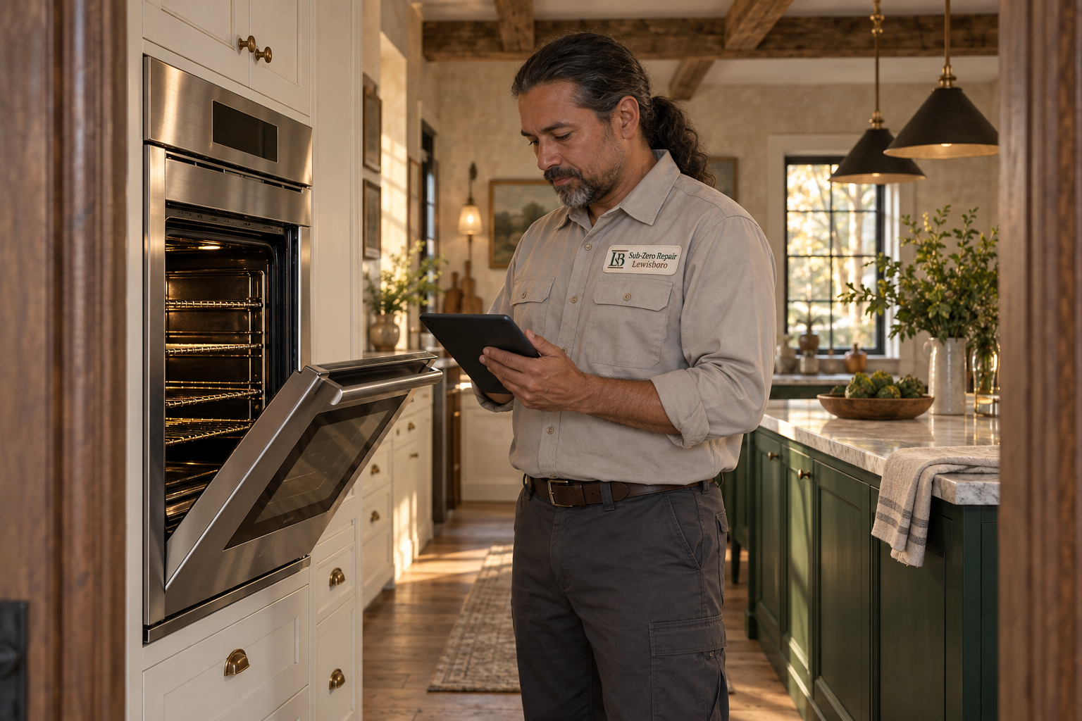 Fictional technician beside a Viking oven — AI illustration for Sub-Zero Repair Lewisboro
