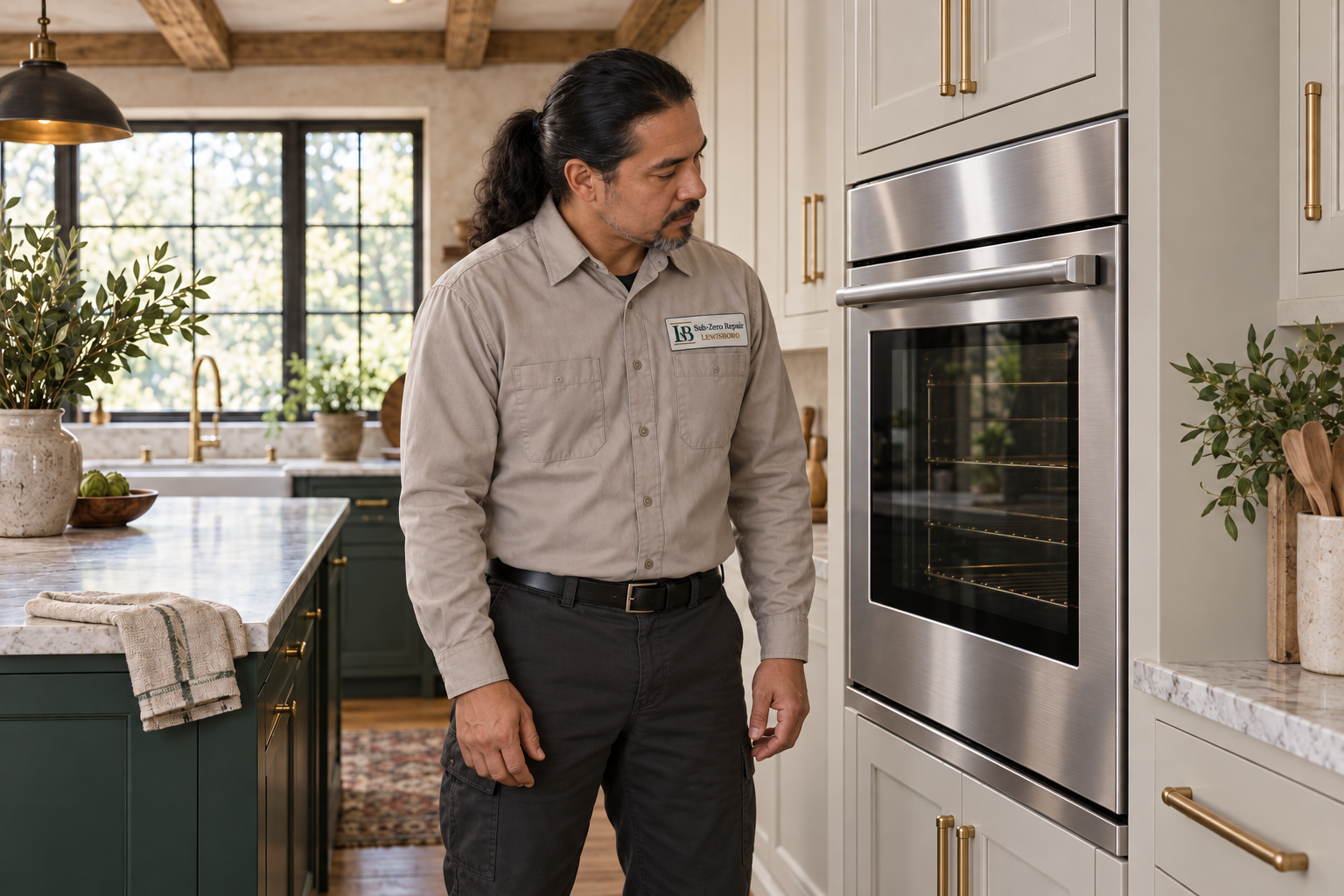 Fictional technician beside a Viking oven — AI illustration for Sub-Zero Repair Lewisboro