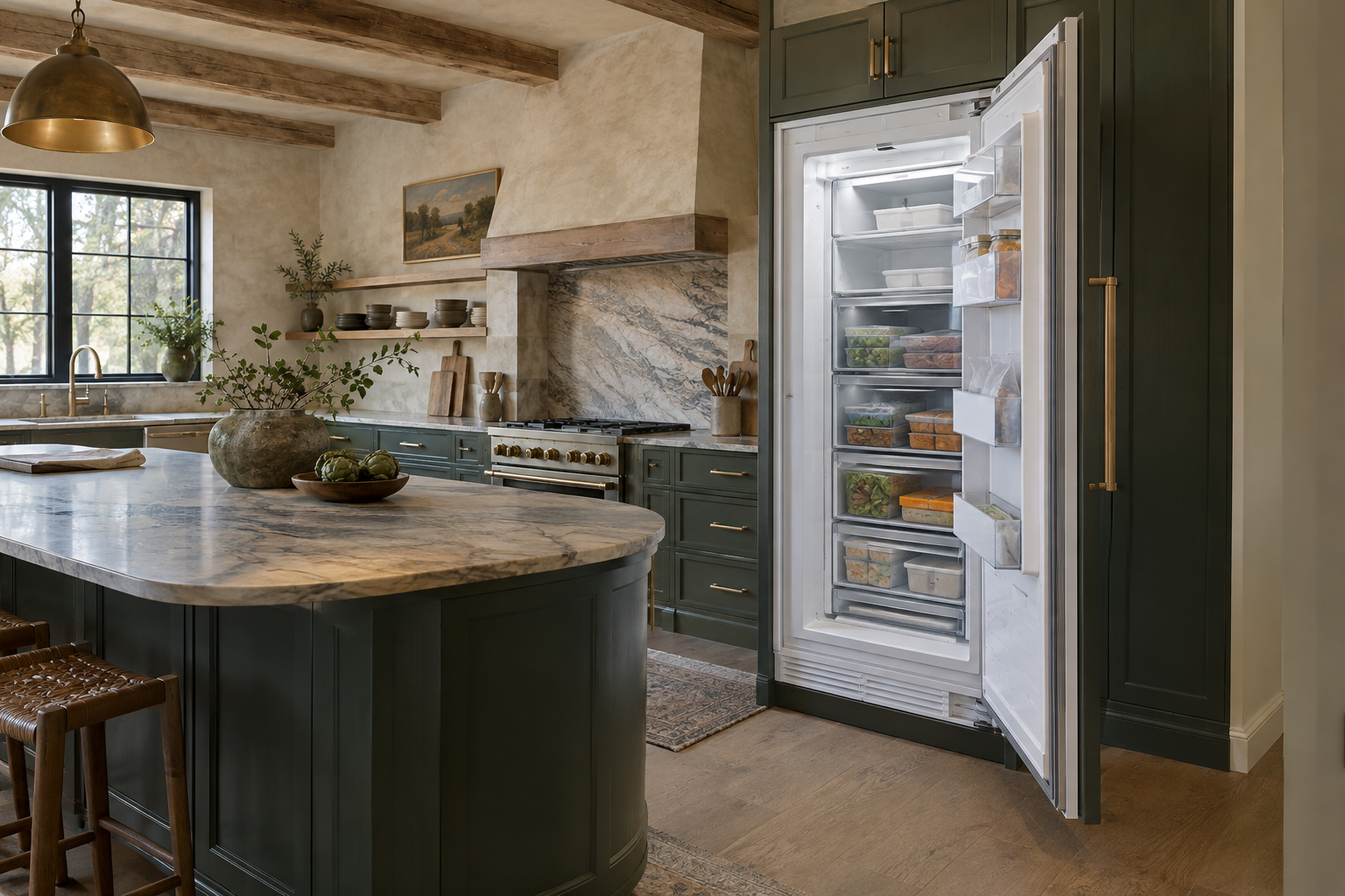 Illustrative Monogram freezer in a residential kitchen — AI image for Sub-Zero Repair Lewisboro