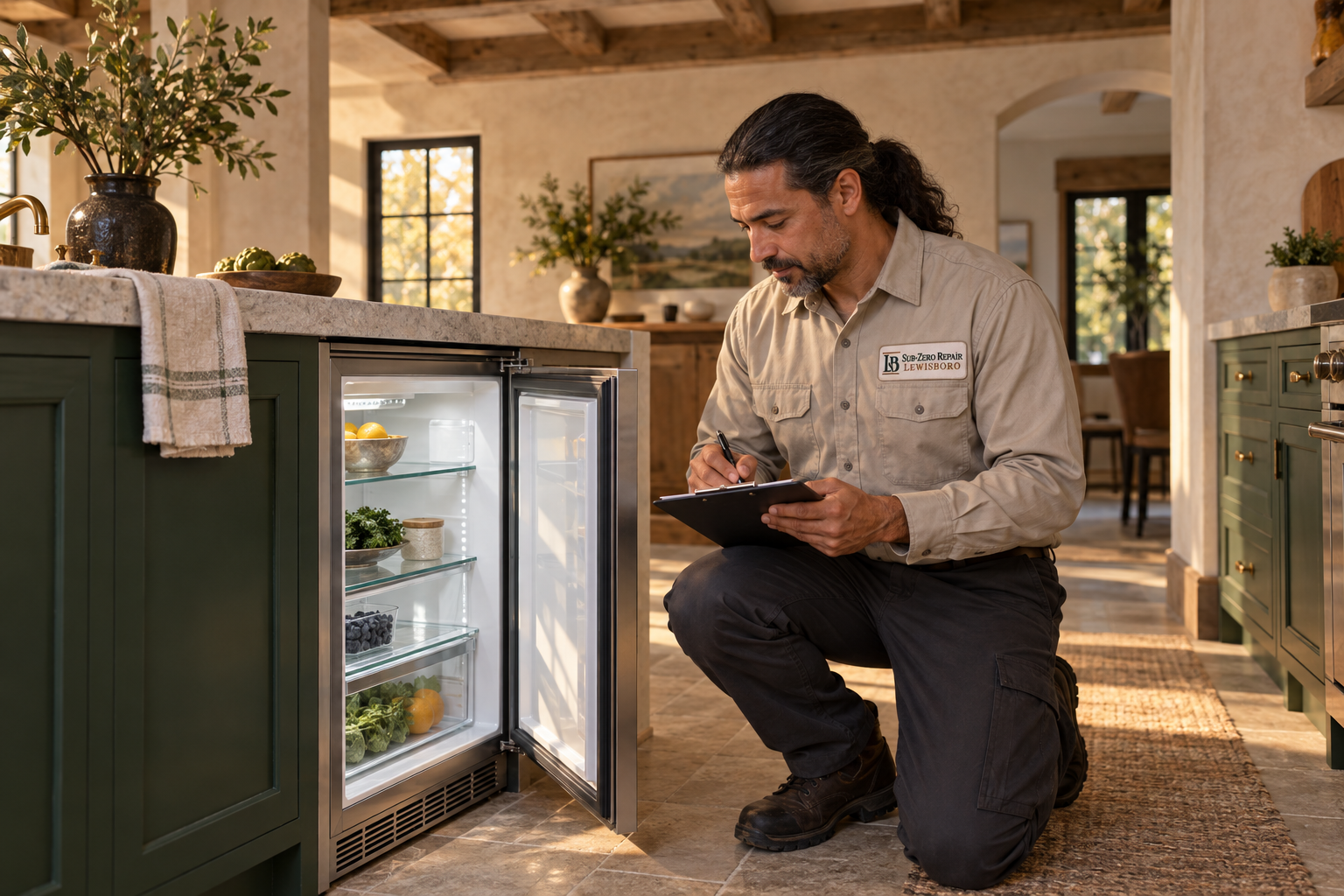 Fictional technician beside a Sub-Zero undercounter refrigerator — AI illustration for Sub-Zero Repair Lewisboro