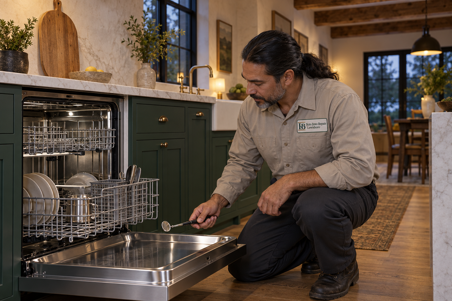 Fictional technician beside a Viking dishwasher — AI illustration for Sub-Zero Repair Lewisboro